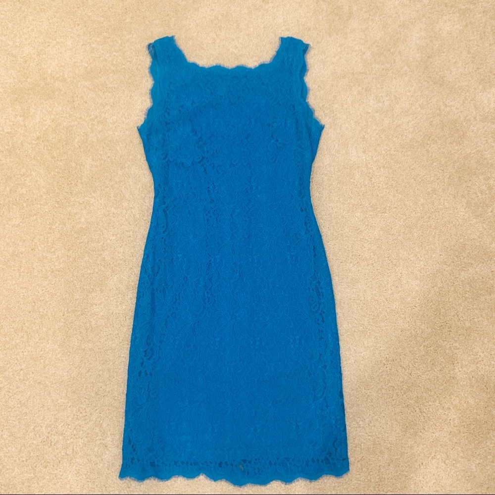 Adrianna Papell lace overlay sheath dress aqua